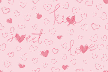 Seamless pattern with hand drawn hearts and hand written words. Cute romantic background. Romantic pattern for greeting cards, printing, gift wrapping. Festive background for Valentines Day