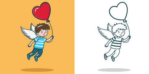 Naklejka premium A cute boy flying with a love-shaped balloon cartoon illustration for a sticker, design element, or coloring book element
