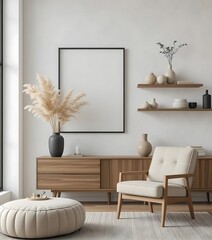 3D Frame Mockup, ISO A Paper Size Poster on Living Room Wall | Modern Interior Design, Interior mockup with house background. 3d render
