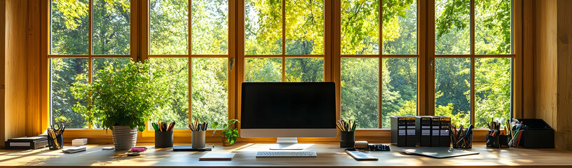 Fototapeta premium Sunny workspace near forest window