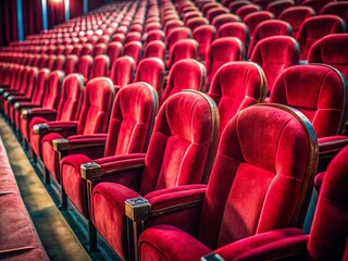 Fototapeta premium Empty Theater Seats, Deep Focus, Luxurious Red Velvet Seating, Cinematic Lighting, High Depth of Field