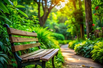 Obraz premium Empty Wooden Bench in Blurred Green Garden - Serene Nature Stock Photo