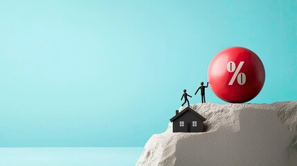 Household debt interest concept. A miniature scene depicting two figures beside a small house, with a large percentage symbol on a vibrant background, illustrating concepts of finance or real estate.