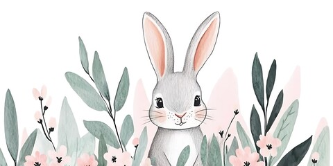 Adorable grey bunny rabbit sitting amidst delicate pink flowers and green leaves.