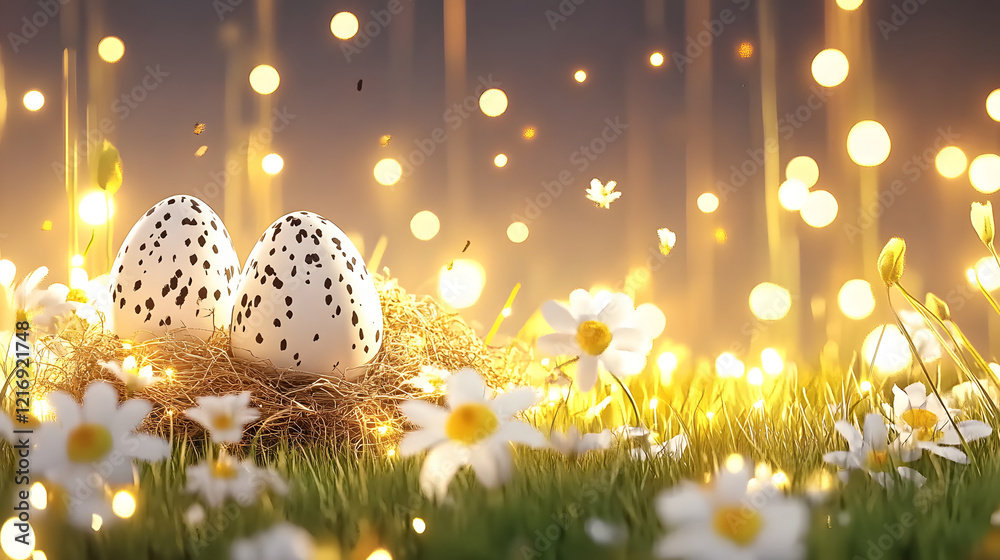 Poster a serene scene featuring two speckled eggs nestled in a bed of flowers, illuminated by soft, glowing