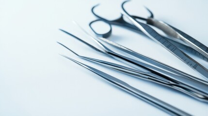 A close-up of a surgical instrument set, neatly arranged on a white surface, Minimalist style