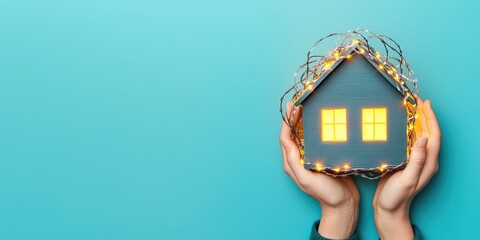 Household debt interest concept. A pair of hands holds a miniature house adorned with fairy lights against a teal background, symbolizing warmth and coziness.