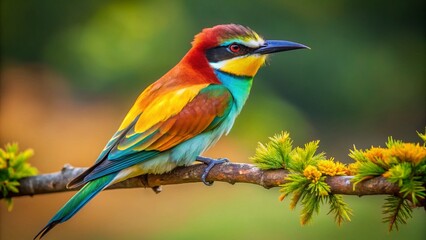 Obraz premium European Bee-eater Bird Perched on Branch, Vibrant Colors, Rule of Thirds Composition