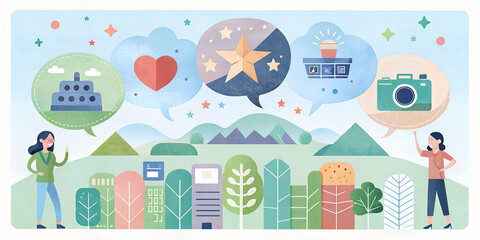 Fototapeta premium Creative illustration depicting two individuals sharing thoughts about art, nature, and design in a vibrant landscape filled with elements of creativity and inspiration