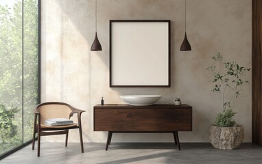 A contemporary bathroom with a blank poster frame hanging on the wall, natural light flowing through the space. The room includes dark walnut wooden furniture, minimalist decor