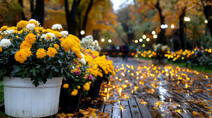 Vibrant autumn flowers with fairy lights in a city park during rainy evening