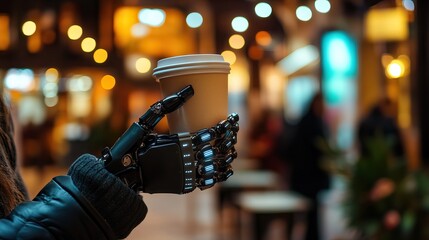 Robotic Hand Grasping A To-Go Coffee Cup Brightly Lit.