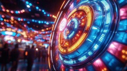 Futuristic wheel spins, vibrant city, night