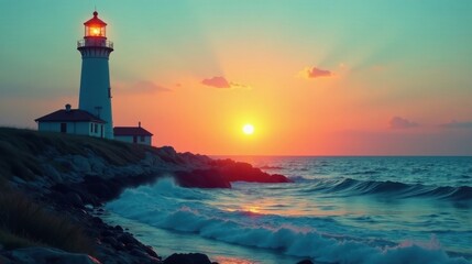 Obraz premium Serene Sunset Panorama Coastal Lighthouse Bathed in Golden Hues, Waves Crashing on Rocky Shore