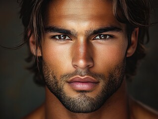 Obraz premium Male model with striking features and deep gaze posing for a close-up portrait in a neutral toned setting during a photoshoot