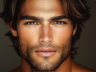Obraz premium Model showcases striking facial features and charisma against a neutral background in a professional portrait