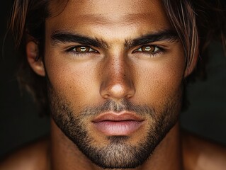 Obraz premium Close-up of a man with striking features showcasing a thoughtful expression in natural light