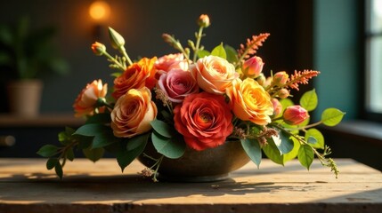 A radiant arrangement of peach, orange, and pink roses, artfully displayed in a rustic bowl on a weathered wooden surface, bathed in warm, natural light.