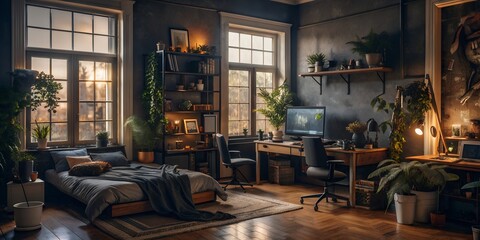 Obraz premium Messy nostalgic bedroom with warm light illuminating plants, a computer setup, and cozy decor