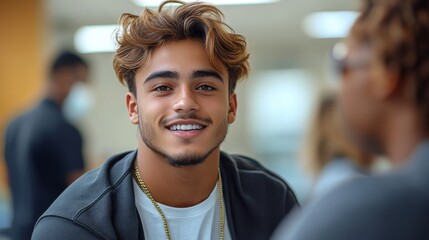 Obraz premium Young man smiling warmly during a casual gathering inside a well-lit space, engaging in friendly conversation with another person nearby