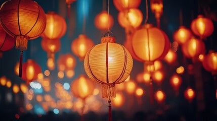 Colorful lanterns illuminate a festive atmosphere during a cultural celebration at night in a lively outdoor setting with vibrant decorations