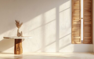 A modern 3D rendering of a minimalist interior design with a stone table and an empty wall mockup. The right side features light oak wooden shutters. 