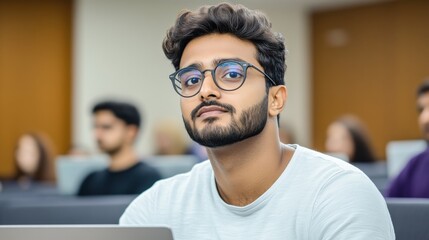 Fototapeta premium Engaged student attending a university lecture while focused on learning and participation in a classroom environment