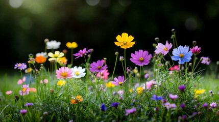 Fototapeta premium Colorful flowers blooming in a lush green garden during springtime