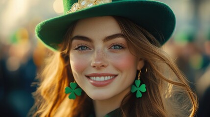 Smiling woman wearing a green hat and shamrock earrings during a festive celebration in a city street, capturing the spirit of community and joy