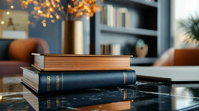stack of modern book on table with futuristic neon light data floating in air, cybernetic and knowledge concept	

