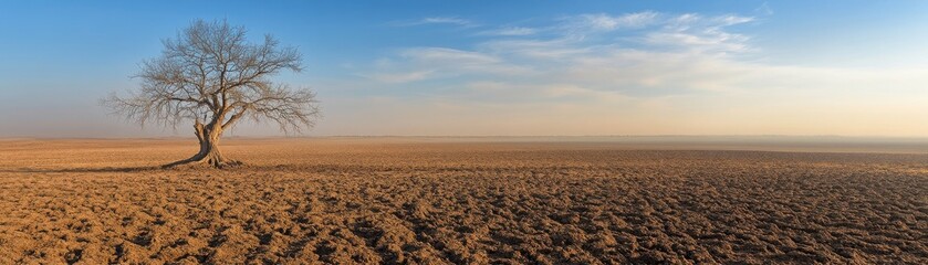 Fototapeta premium drought disaster preparedness concept. A solitary tree stands in a vast, arid landscape under a clear blue sky.