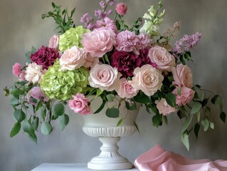 Fototapeta premium Beautiful floral arrangement featuring pink and green blooms in an elegant white vase on a soft background