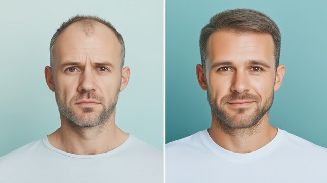 Side-by-side images illustrate a man's transformation from balding to a full head of hair, highlighting hair restoration techniques.