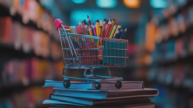 Shopping cart of pencils on books in library