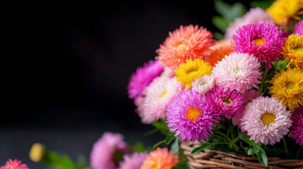 Bright colorful flowers arranged in a basket for a vibrant decoration