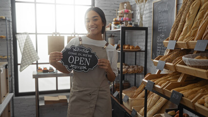 Young woman holding open sign in bakery, surrounded by fresh bread and pastries, smiling in a welcoming shop with a chalkboard menu in the background.