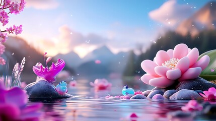 Obraz premium Serene Lakeside Scene with Pink Lotus and Cherry Blossoms