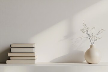 A minimalist office shelf with neatly stacked books and a small decorative vase. picture
