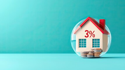 A house model in a bubble features a 3% symbol, symbolizing low mortgage rates and financial stability in real estate investment.