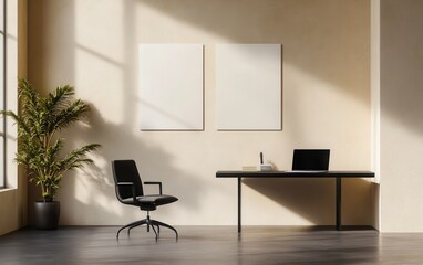 Two white posters hanging on a wall of a modern office, accompanied by a minimalist desk with a laptop and a black chair. 