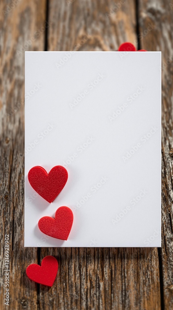 Poster mockup - a blank white card placed on a rustic wooden surface, adorned with three small red heart de