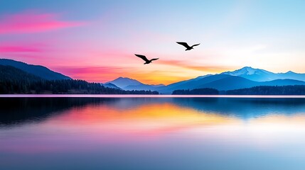 Serene Mountain Lake Sunset With Birds In Flight