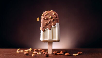 vanilla ice cream stick with Choco and nut toping in studio photo with dark background