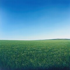 Obraz premium Serene green field under a clear blue sky, landscape photography for websites or publications