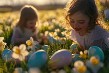 Easter Egg Hunt. Children searching for decorated eggs among spring daffodils in golden evening light.