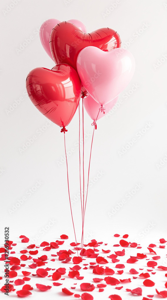 Poster a cluster of red and pink heart-shaped balloons floating gracefully against a white background. the 