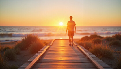 Silhouette of a person walking on a wooden oceanfront path during a beautiful sunset