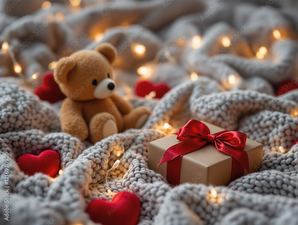 Aufkleber charming and warm setting featuring a cuddly teddy bear sitting on a soft, knitted blanket adorned w