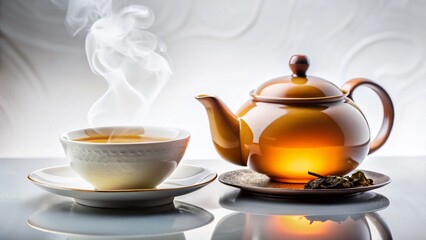 Fototapeta premium Freshly Brewed Chinese Tea: Elegant Still Life Photography on White
