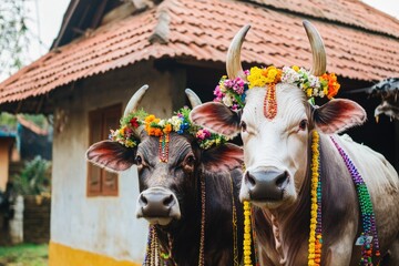 Two cows grazing or resting near each other in a field